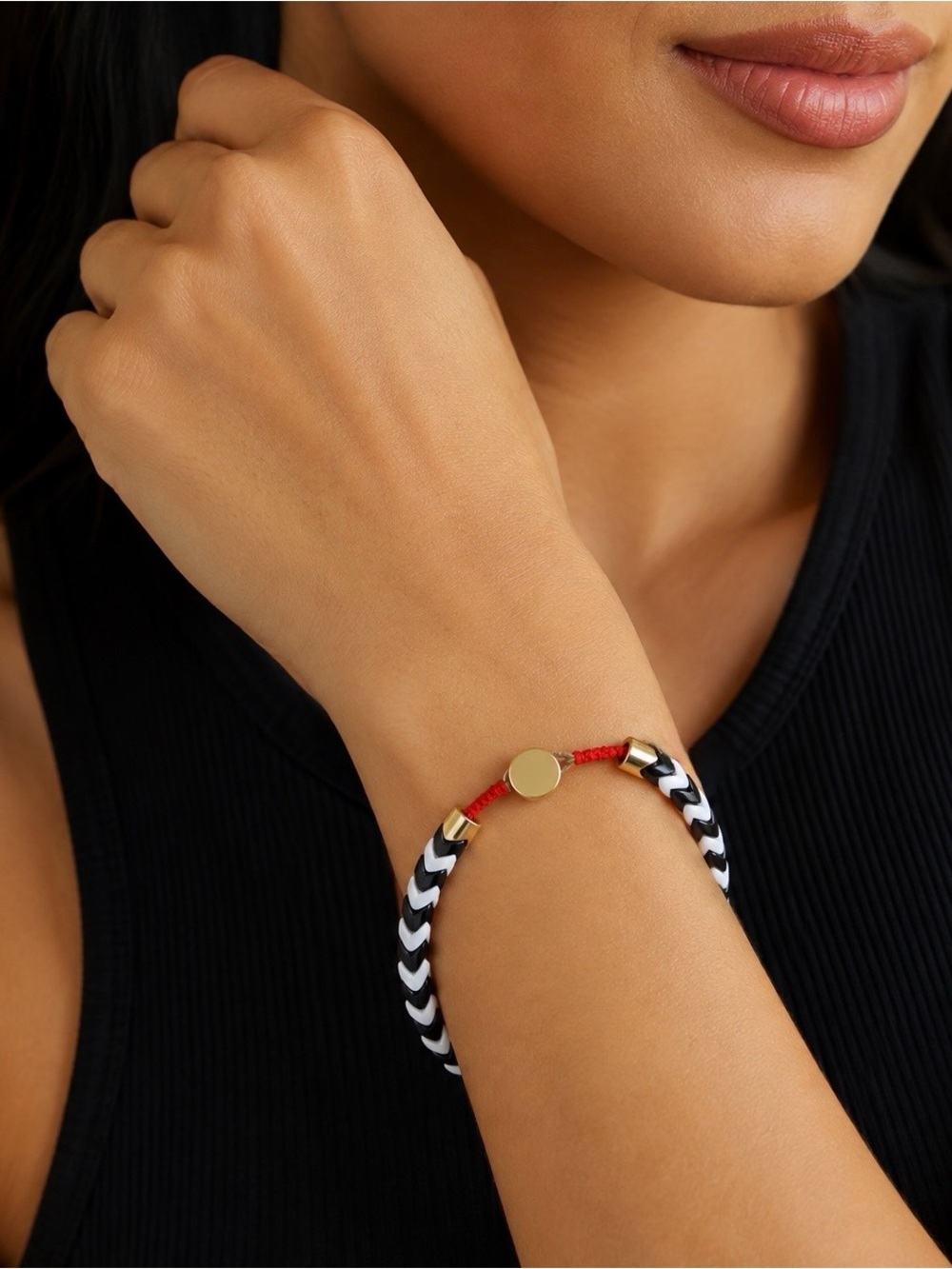 Roxanne Assoulin Black and White Tile Braided Bracelet with Red Accent NEW